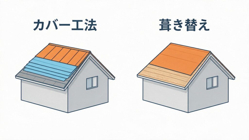 カバー工法（既存屋根の上に防水シートと新しい屋根材を重ねる）と葺き替え（既存屋根を撤去して新しい屋根材に入れ替える）の断面比較イラスト